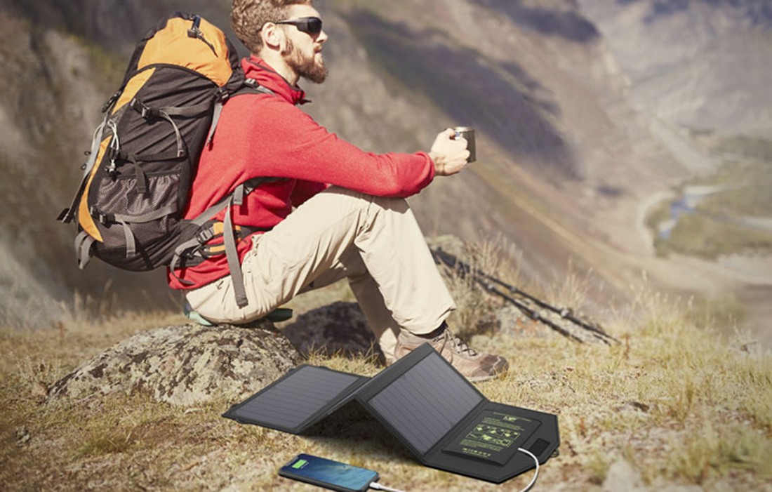 Allpowers 21W Portable Solar Charger, in use on backpack