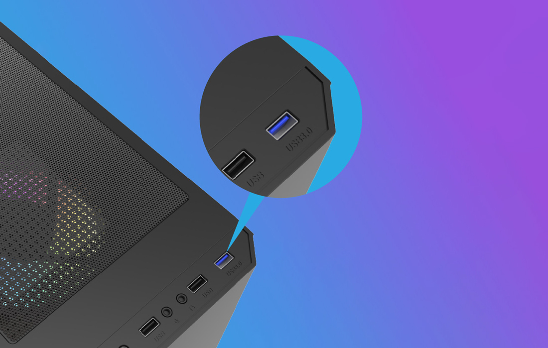 Vue intérieure des ports et boutons du boîtier Darkflash DK150
