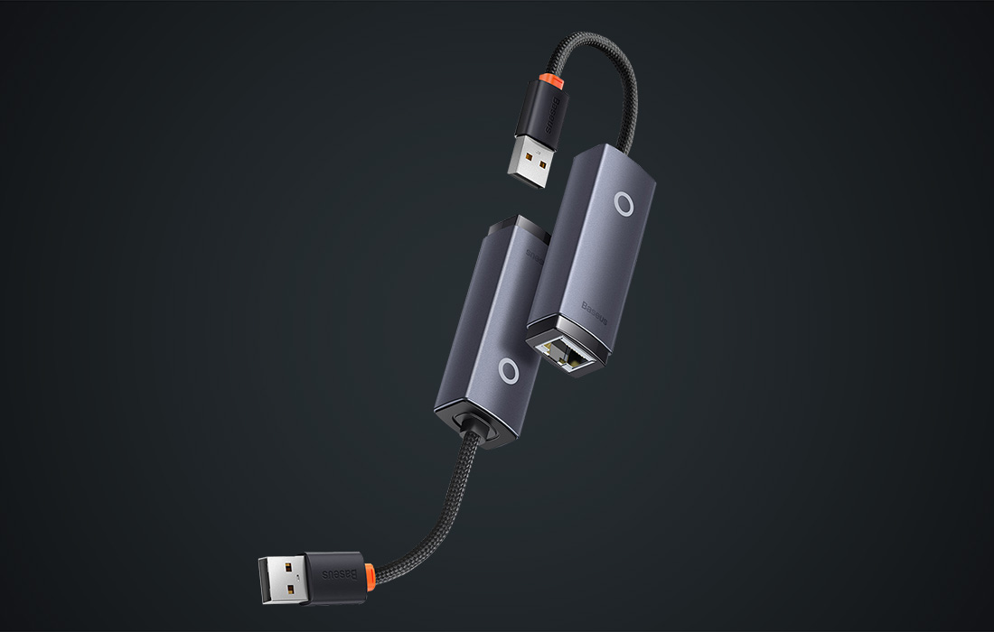 Baseus Lite Series adaptateur réseau USB vers RJ45, vu de côté gris