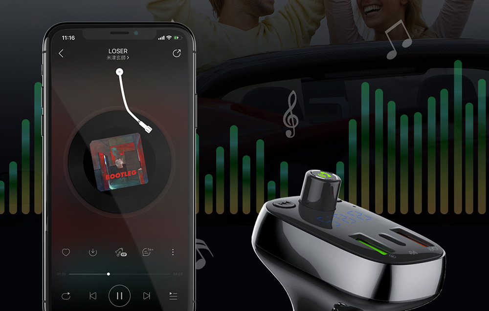 image de l'utilisation en voiture de l'émetteur FM Bluetooth LDNIO C704Q