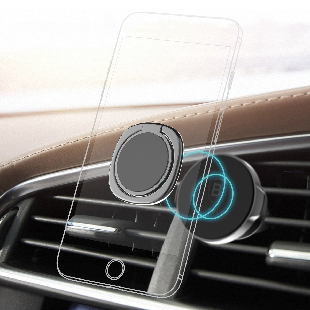 Image du porte-bague Baseus utilisé dans une voiture