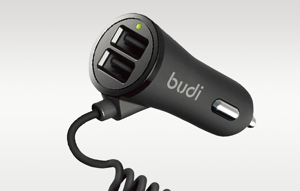 Chargeur de voiture LED Budi 2x USB, 3.4A + câble USB vers USB-C / Lightning / Micro USB 3-en-1 (noir)