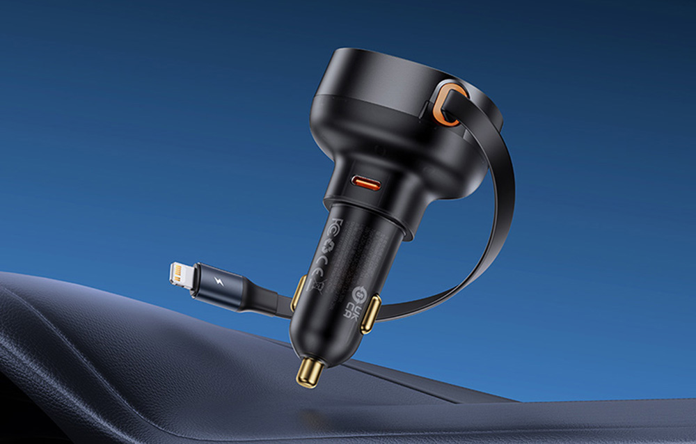Chargeur de voiture Baseus Enjoyment Pro avec câble Lightning + USB-C, 55W (Noir)