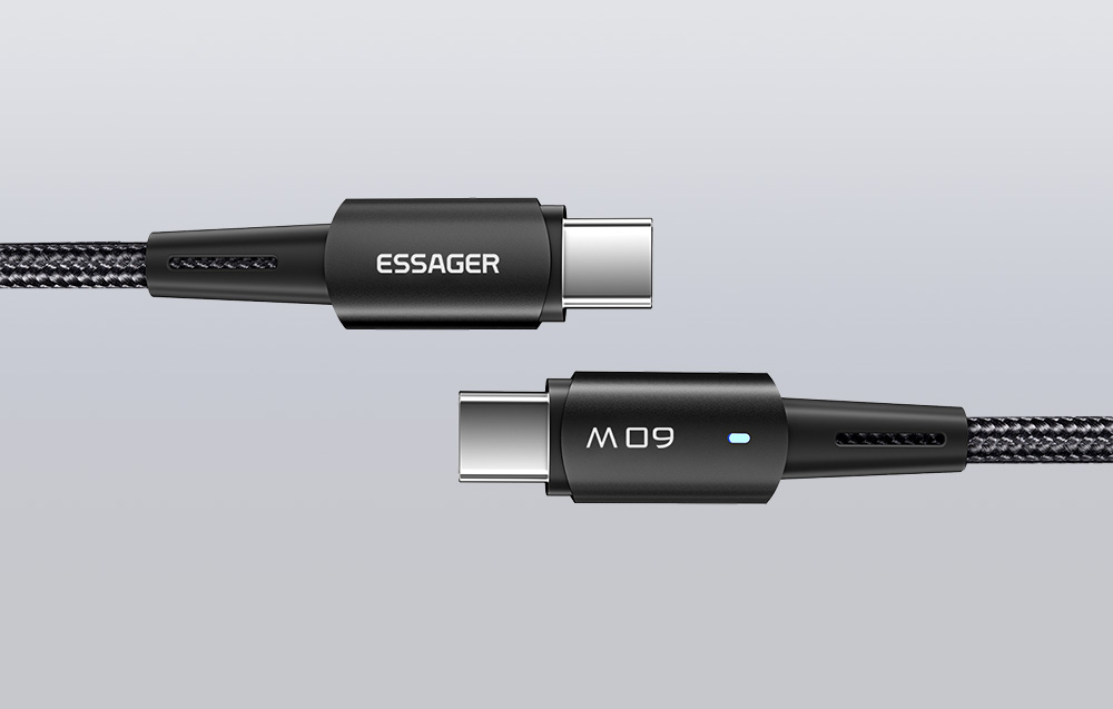Câble Essager USB-C vers USB-C sur fond gris.