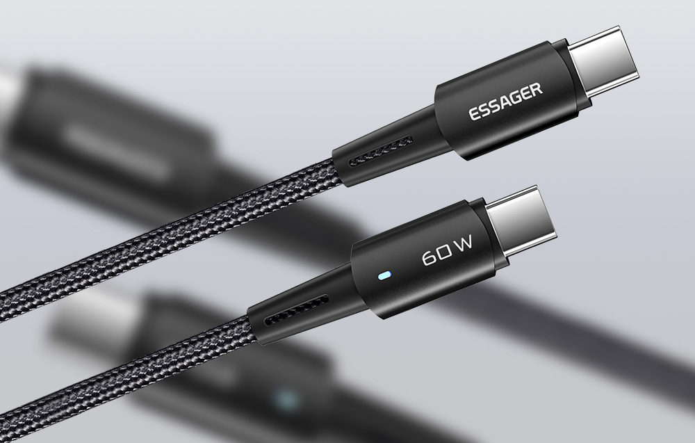 Câble Essager USB-C vers USB-C sur fond gris.