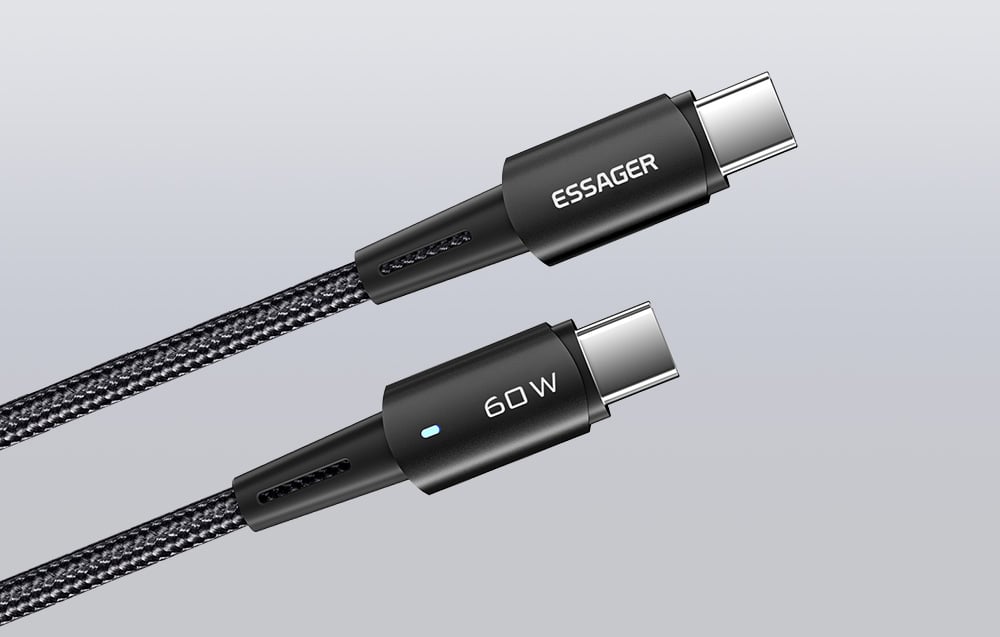 Câble Essager USB-C vers USB-C sur fond gris.