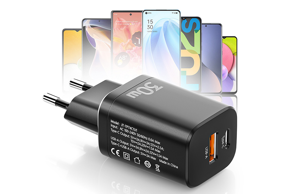 chargeur mural noir avec ports USB, en arrière-plan des smartphones