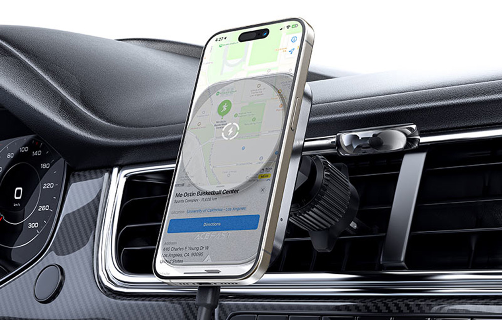 smartphone avec navigation activée dans le support magnétique de voiture