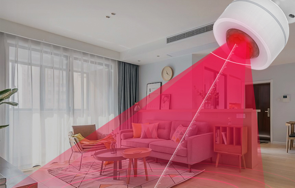 Capteur de mouvement intelligent PIR NEO NAS-PD07W dans le salon. Une lumière rouge se dégage de l'appareil, représentant la zone de détection.