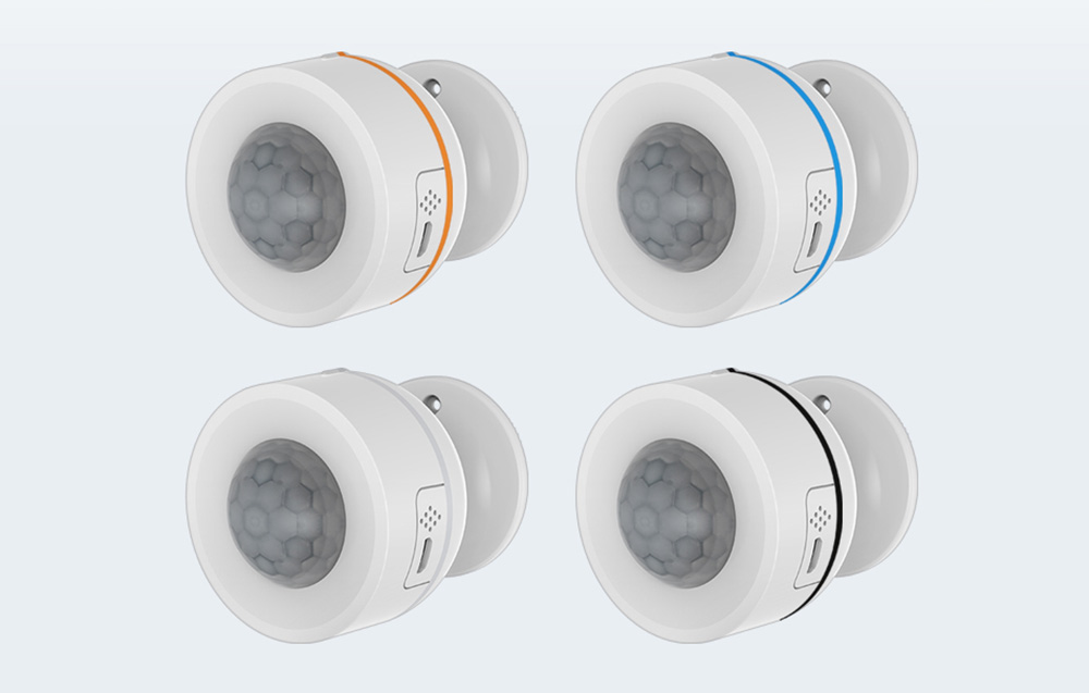 Capteur de mouvement intelligent PIR NEO NAS-PD07W USB dans 4 variantes de cadres colorés.