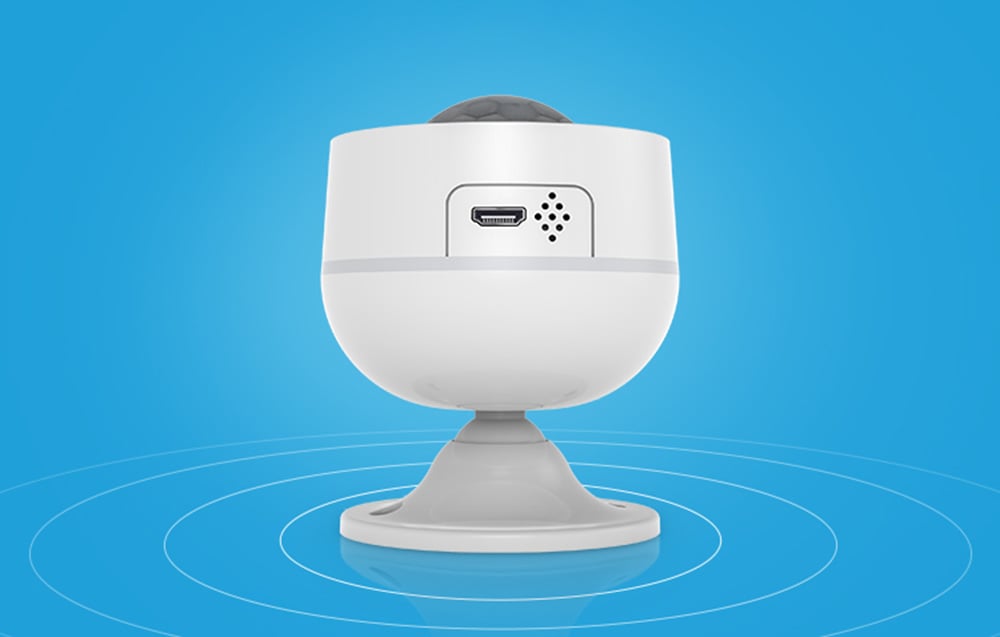 Capteur de mouvement intelligent PIR NEO NAS-PD07W USB sur fond bleu.