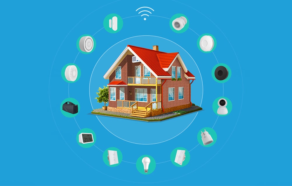 Graphique d'une maison sur fond bleu entourée d'icônes représentant différents appareils intelligents.