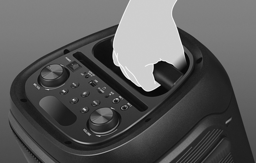 enceinte avec poignée sur un fond gris
